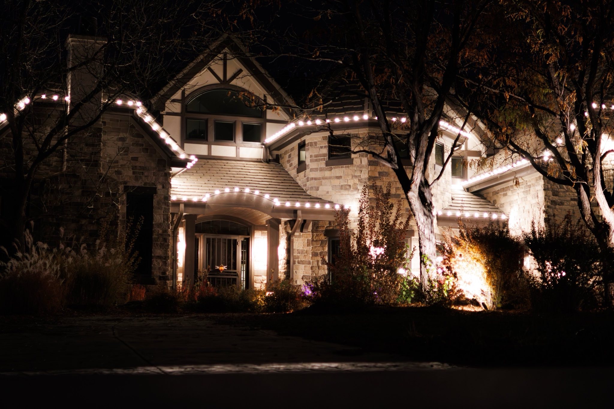 Roofline lighting with landscape uplighting on the specimen trees and foundation planting. 