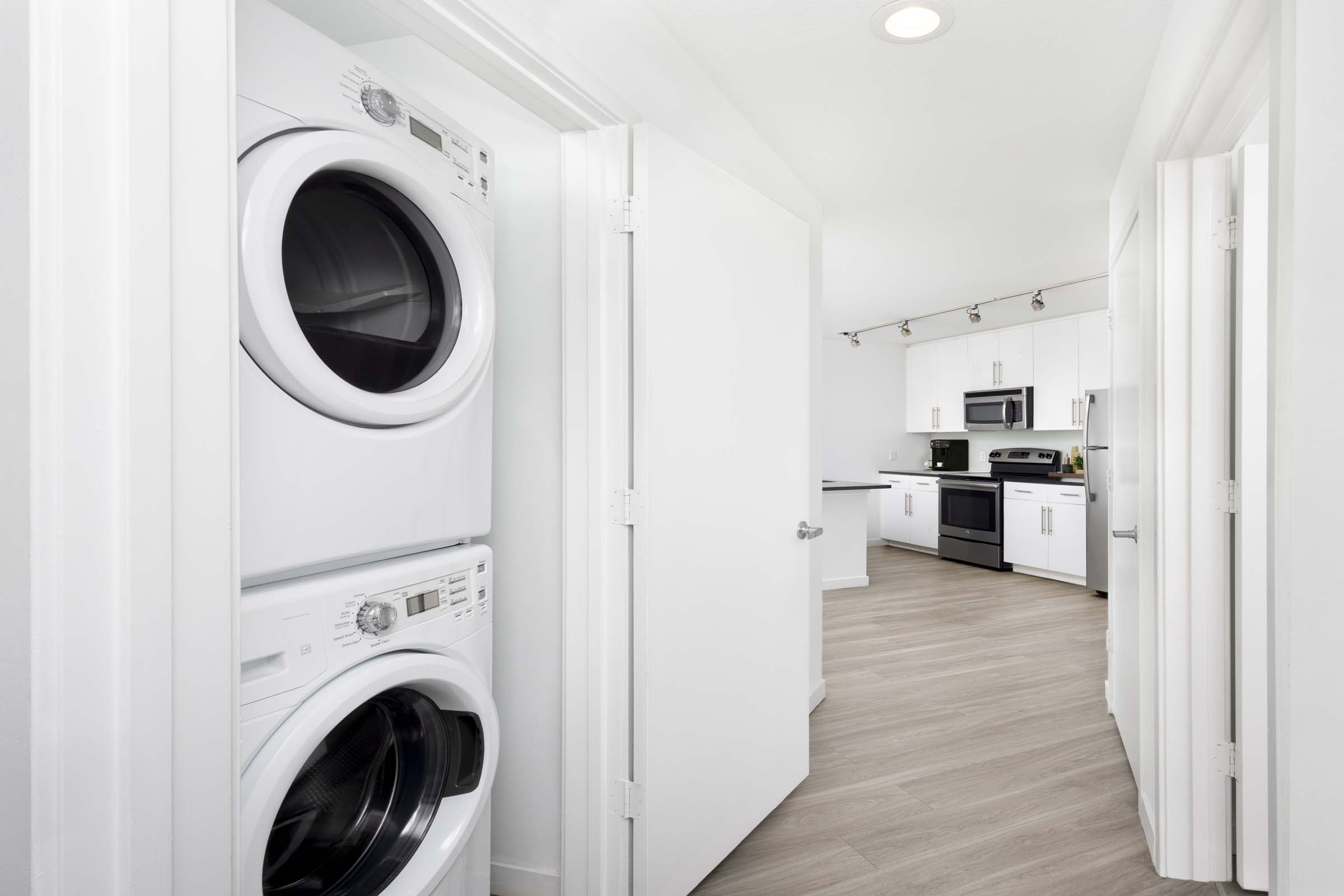 Apartment home stackable washer and dryer at Camden Thornton Park in Orlando, FL.