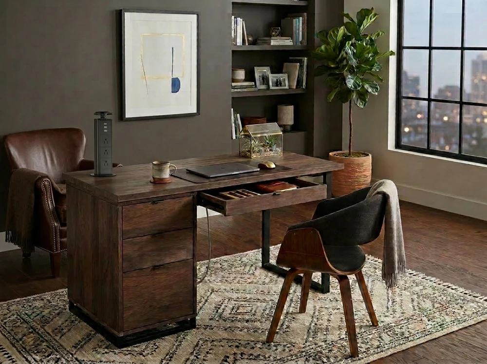 Lenox Desk by Foundry 39, a solid wood executive desk with a spacious 52-inch work surface, integrat 