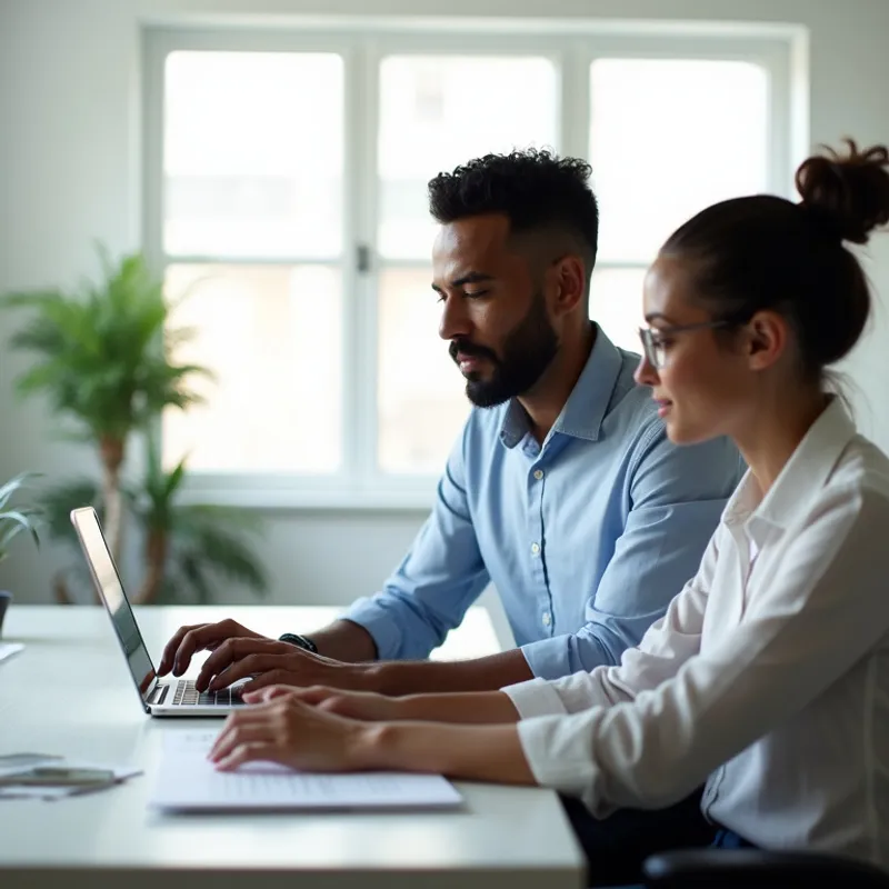 Two professionals, a man and a woman, are working on a laptop at a desk in a bright office setting. The man is typing on the laptop, while the woman is looking at the screen. There is a plant in the background and a window with natural light.