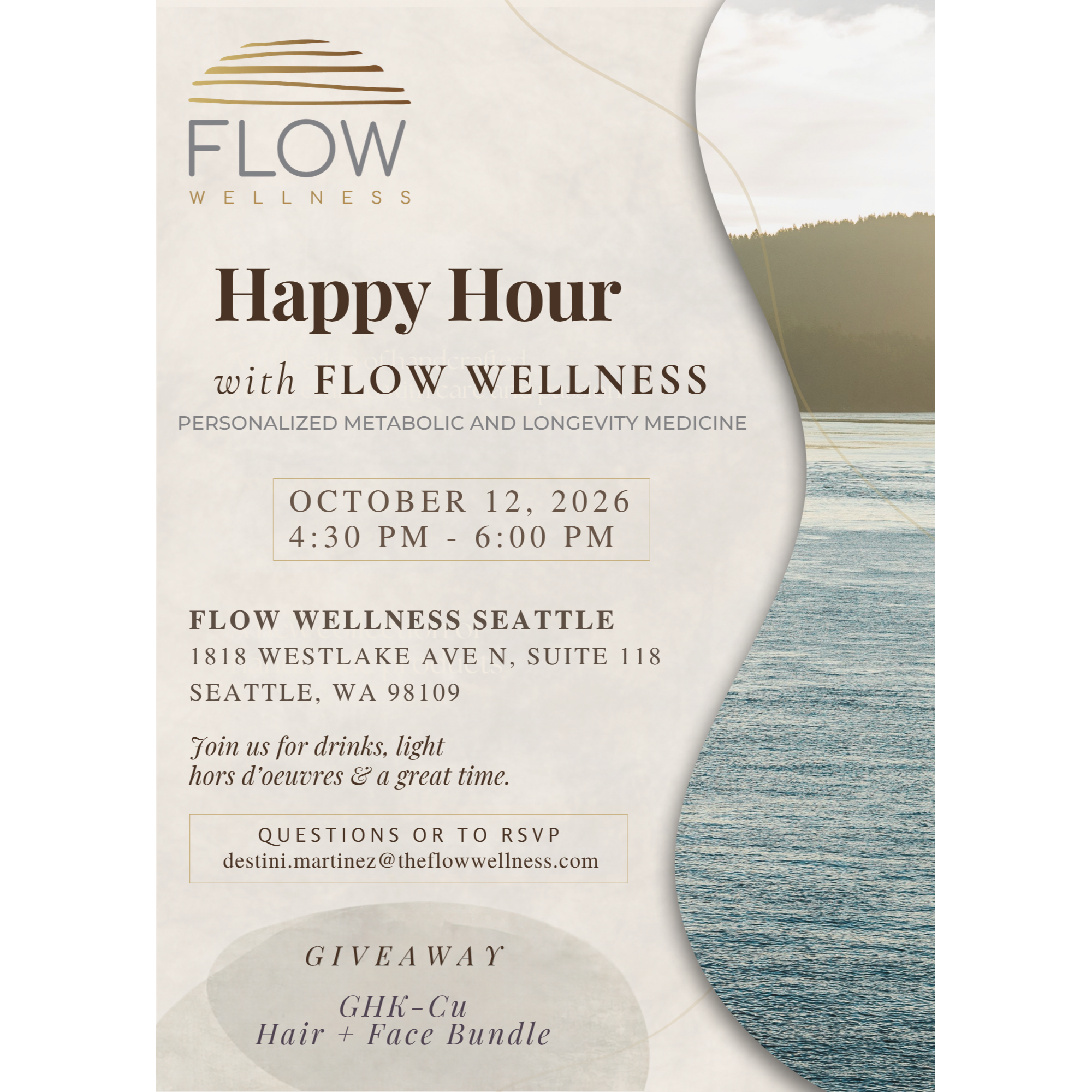 Join Flow Wellness Seattle on October 12, 2026, from 4:30–6:00 PM for drinks, light hors d’oeuvres,  