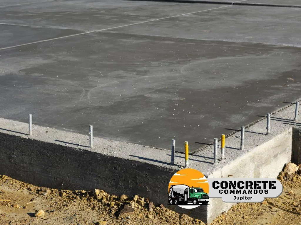 A freshly poured, leveled concrete foundation slab equipped with rebar anchor bolts, prepared for re 