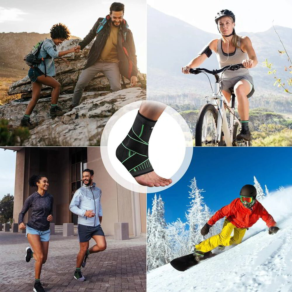A collage of four outdoor activities: two people hiking up a rocky terrain, a woman cycling on a road with mountains in the background, two people jogging on a paved path, and a person snowboarding down a snow-covered slope. A close-up of a black and green ankle brace is also featured in the center.