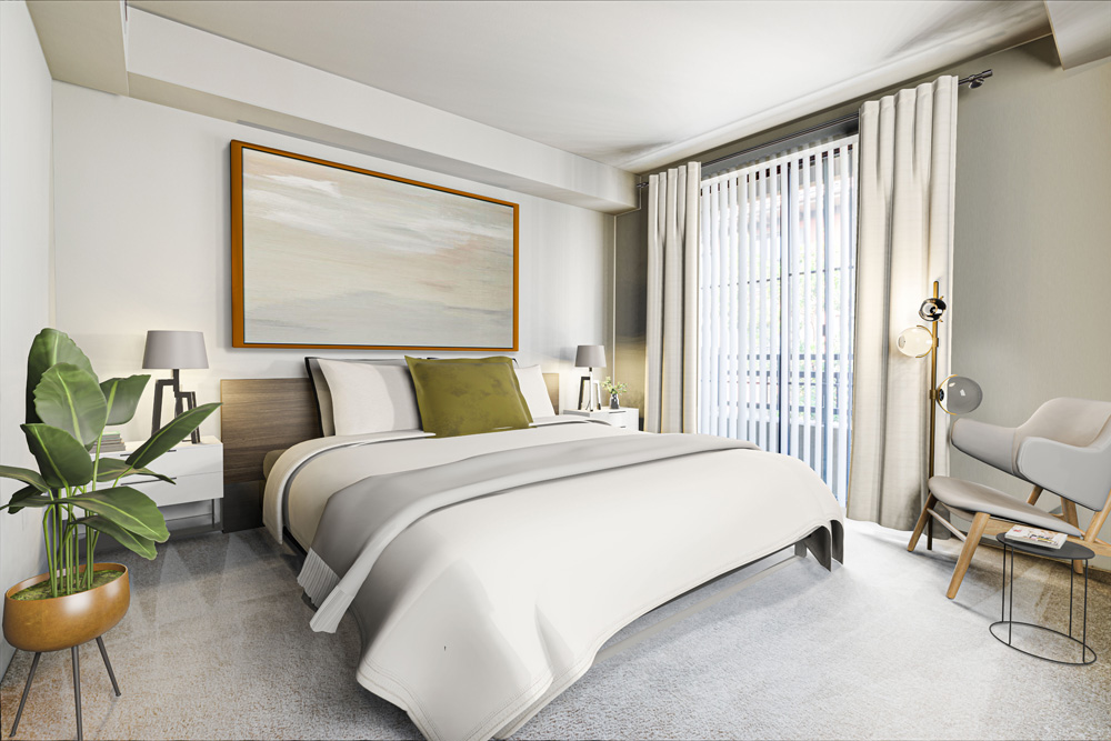 Carpeted bedroom with architectural ceiling accents and large window with vertical blinds.