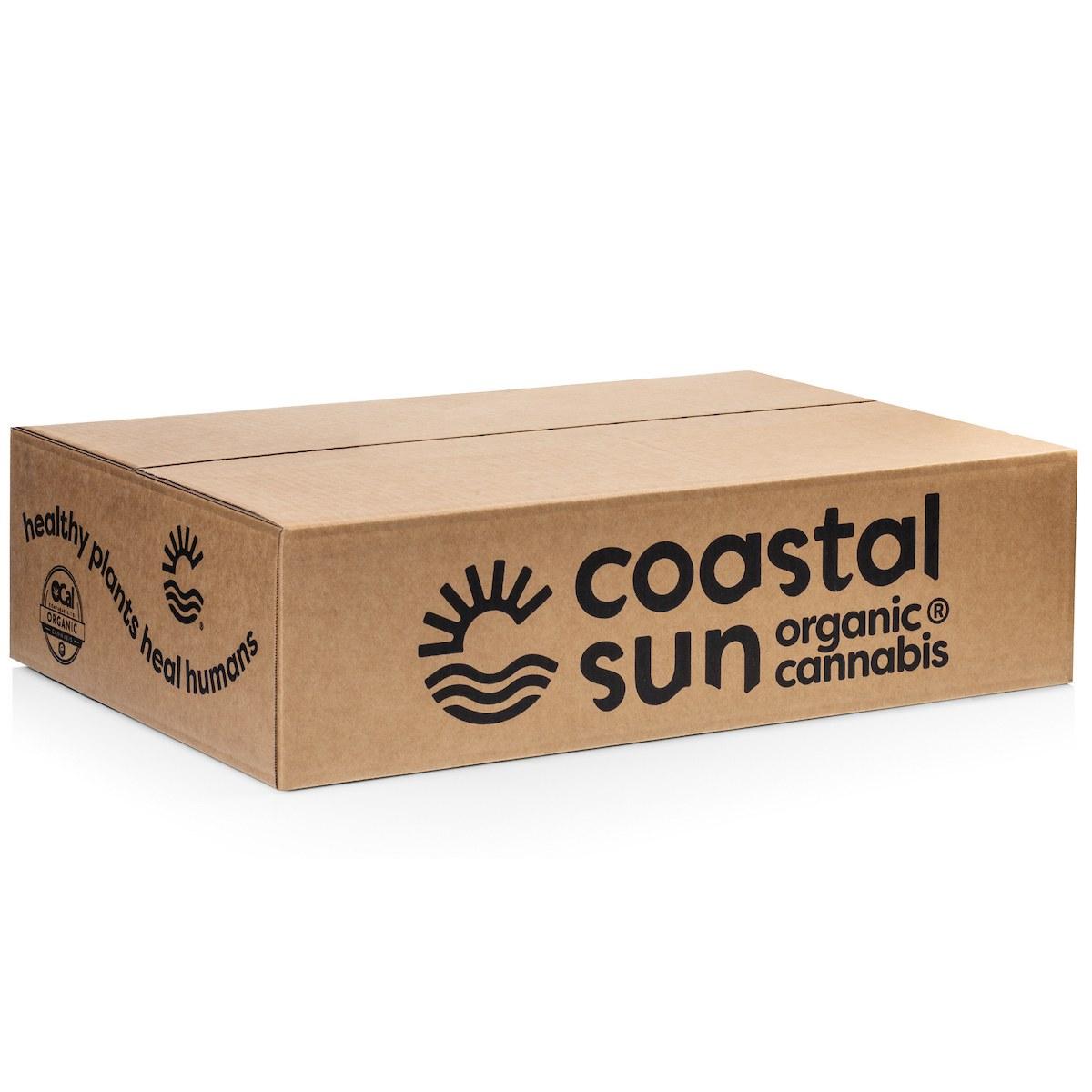 Kraft shipping box for Coastal Sun organic cannabis. Custom packaging by PLC Print.