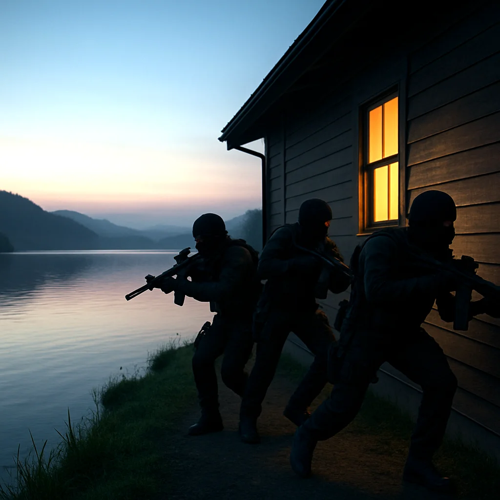 Three figures in tactical gear, silhouetted against a twilight sky, advance cautiously along the edge of a lake next to a wooden building. The figures are armed with rifles and appear to be moving in a coordinated manner. The building has a single window illuminated from within, casting a warm orange glow.