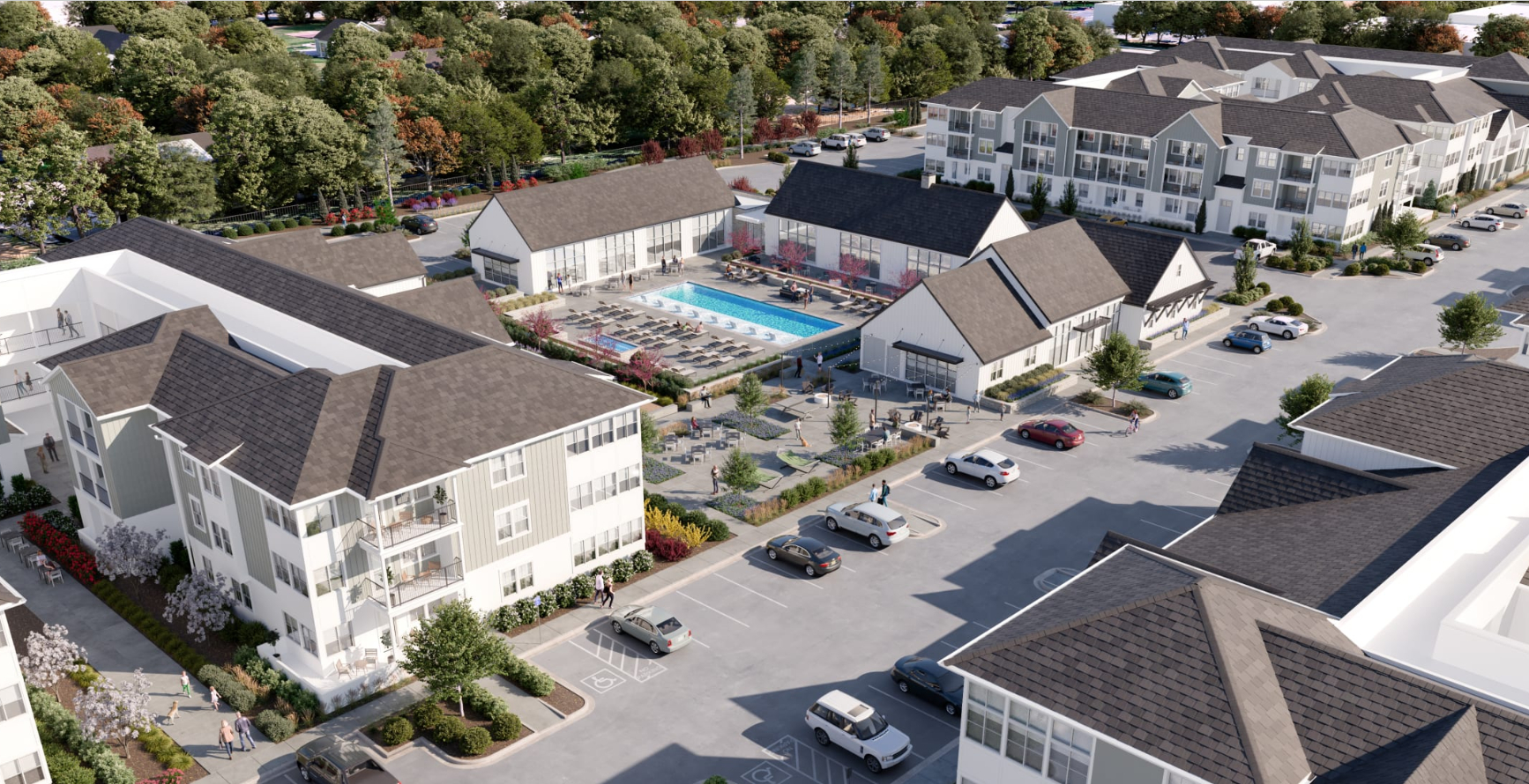 an aerial view of Seasons at Meridian Apartments with a swimming pool in the center