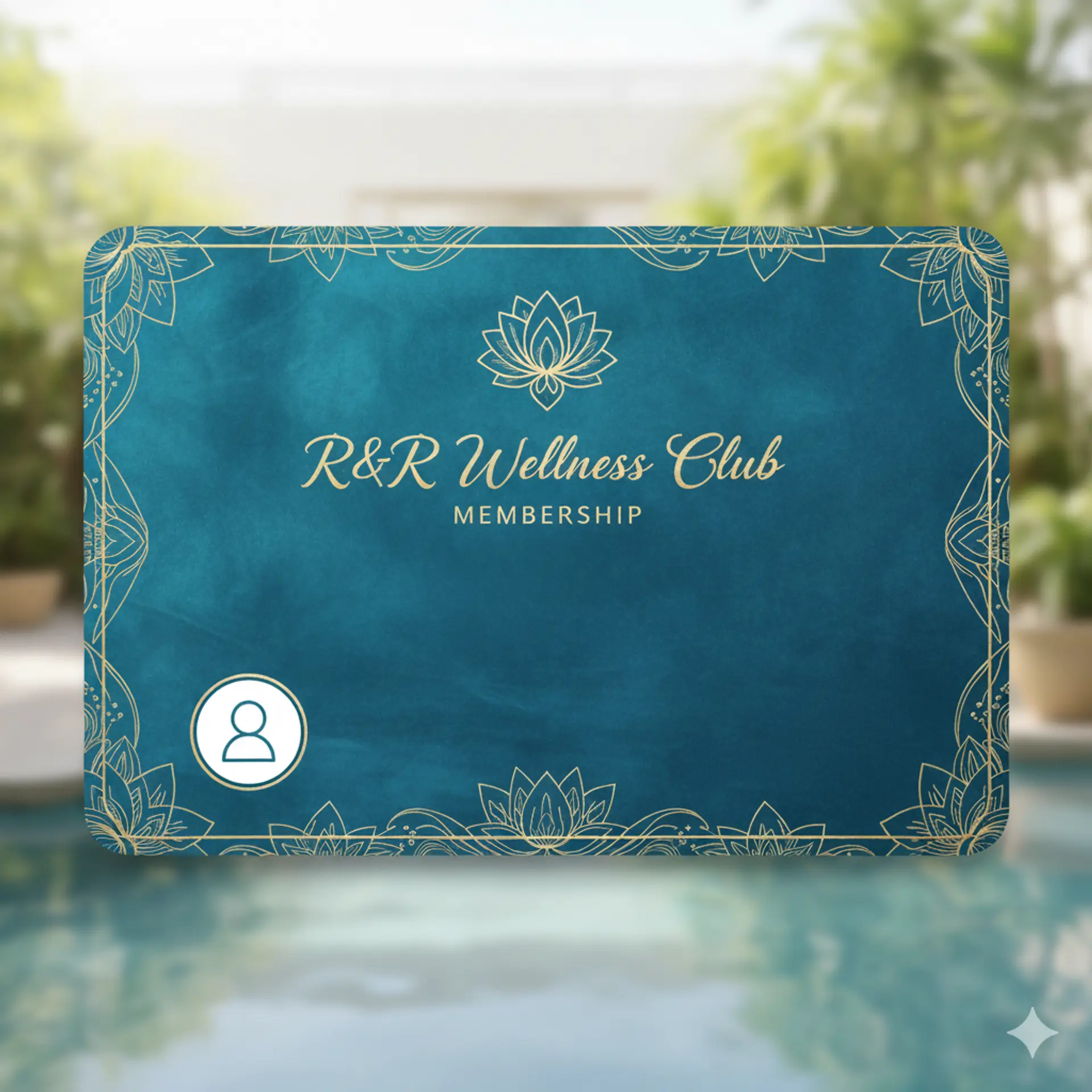 A membership card for R&R Wellness Club is shown with a teal background and gold ornamental details. The card features a lotus flower logo at the top and a silhouette of a person inside a circle on the bottom left. The text "R&R Wellness Club" and "MEMBERSHIP" are prominently displayed. The card is set against a blurred background of lush greenery and water, suggesting an outdoor or resort-like setting.