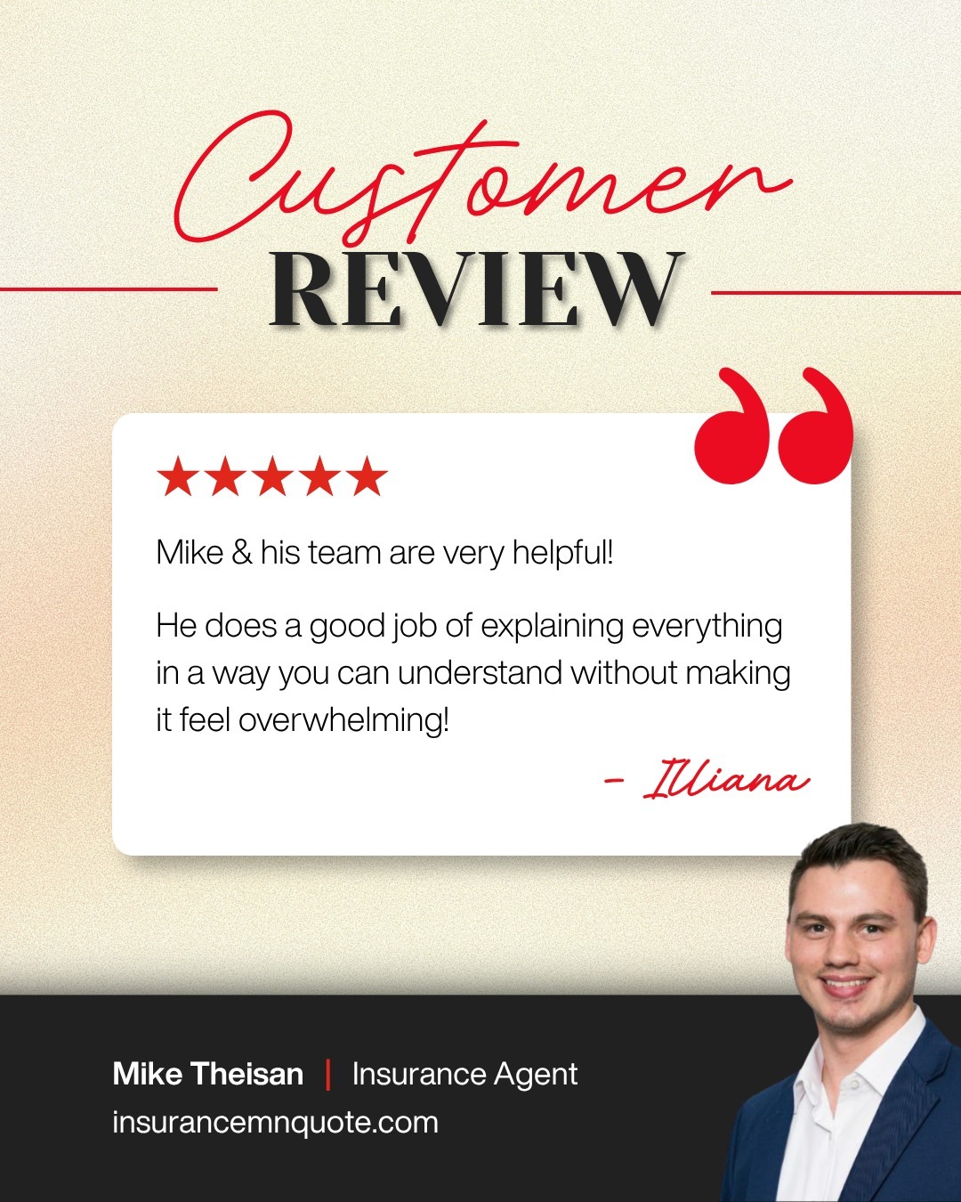 Kind words like this mean a lot to our team. Have questions about your current coverage? Reach out to our office anytime.
