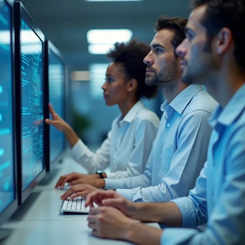 Three people, two men and a woman, are working together at a desk in front of multiple computer monitors displaying code. The woman in the foreground is pointing at one of the screens, appearing to explain something to the men beside her. They are all wearing white or light blue collared shirts, suggesting a professional or work environment.