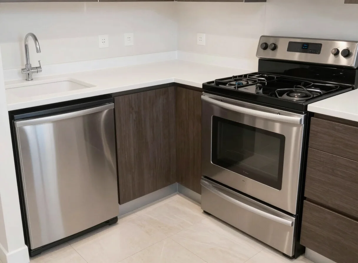 A clean, modern kitchen featuring stainless steel appliances, including a dishwasher and a gas range with an oven. The countertops are white, and the cabinets have a dark wood grain finish. A chrome faucet is visible over the sink. The floor is tiled in a light neutral color.