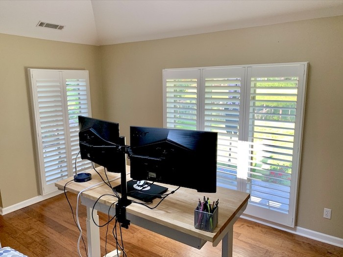 Maximize your work day productivity with our timeless shutters! Our functional shutters block out distracting screen glares, while creating an inviting ambiance to this local Hilton Head Island home office. We are proud to serve the Bluffton, Hardeeville, Ridgeland, and Okatie areas!