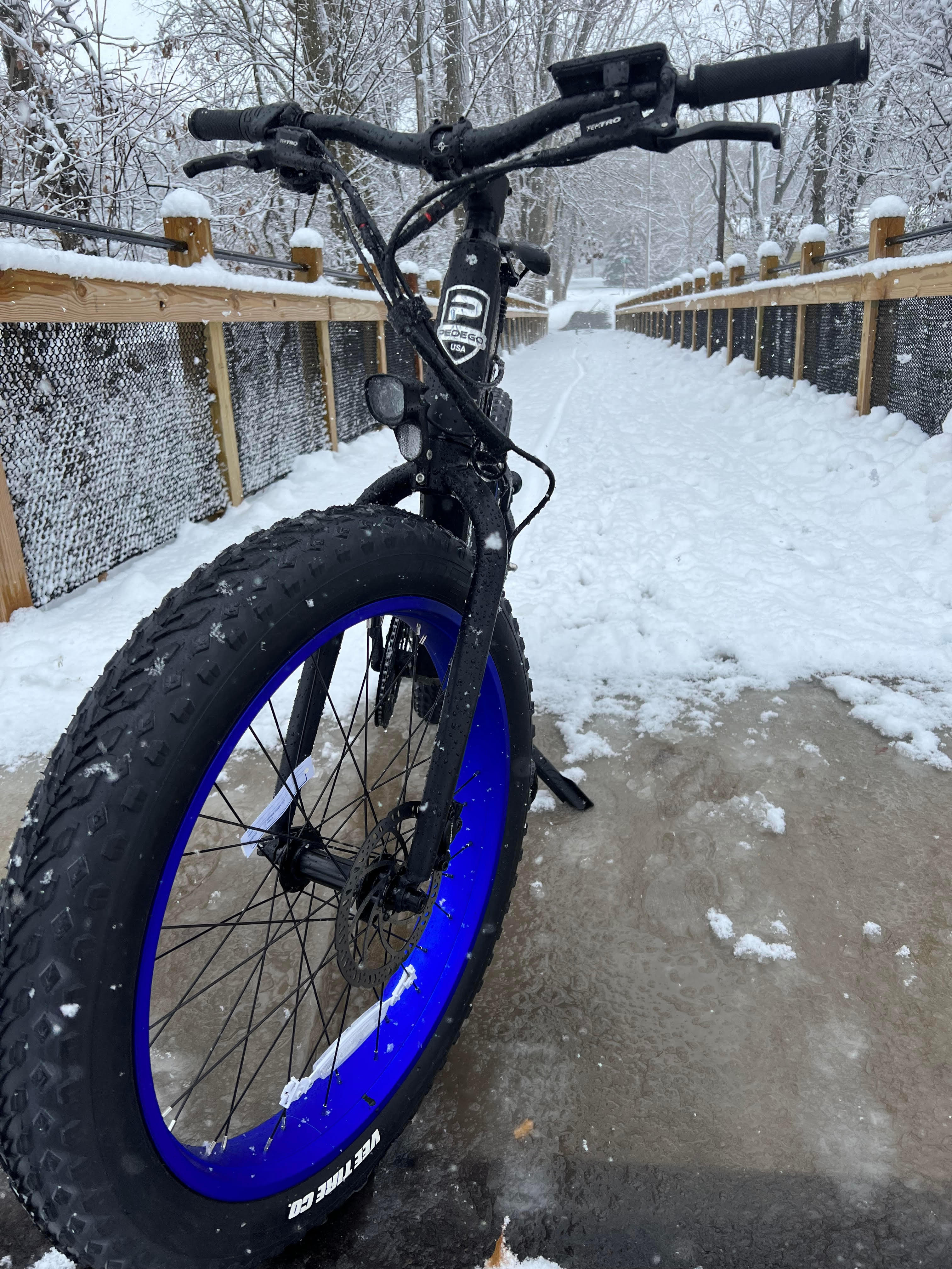 A fat tire ebike parked on a wooden bridge. Snow is on the ground. The bike has four inch fat tires with blue rims.