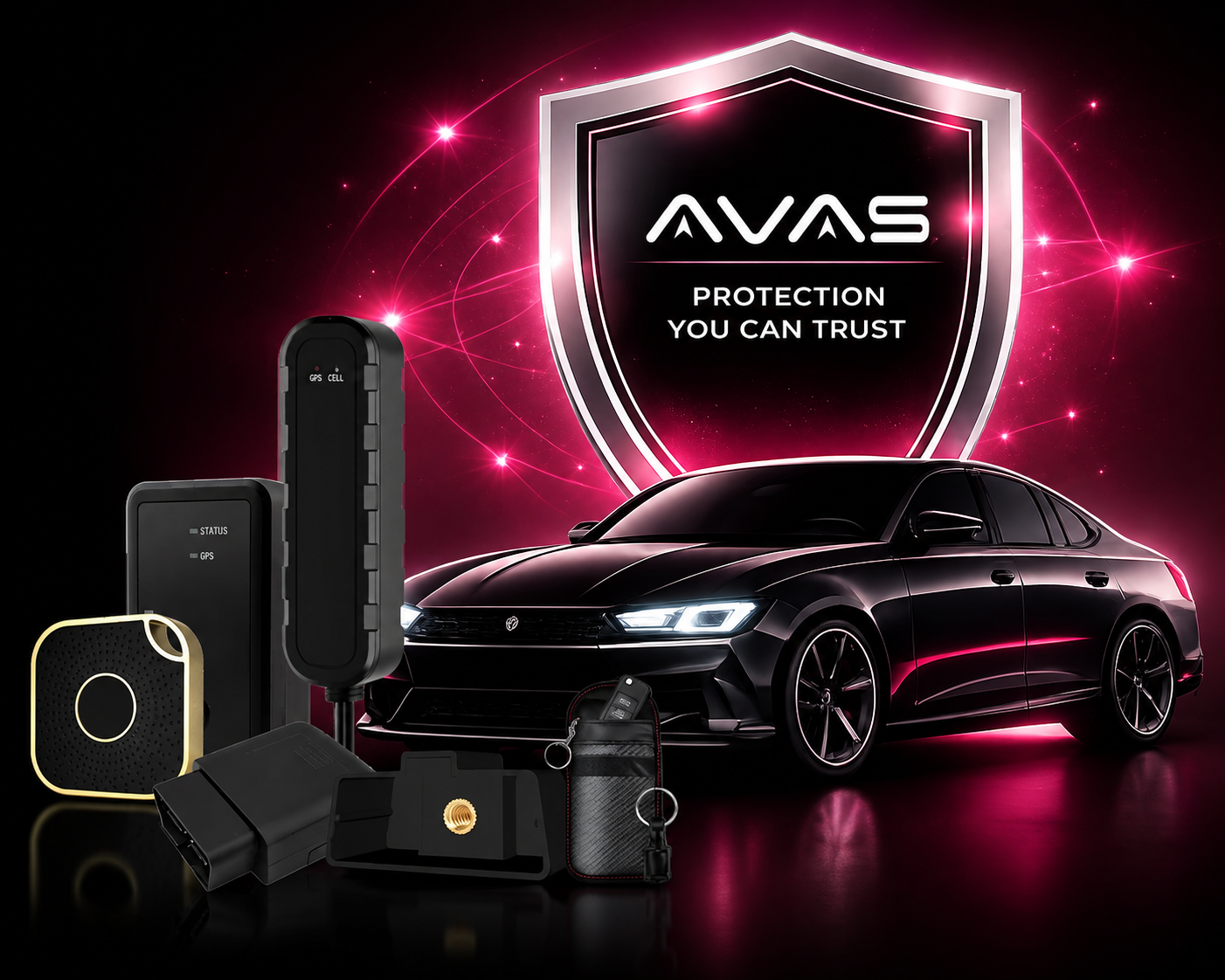 Promotional graphic showcasing the AVAS Connected Vehicle Intelligence platform, featuring OBD2 tracking devices, GPS solutions, vehicle protection technology, and the AVAS Protection You Can Trust shield.