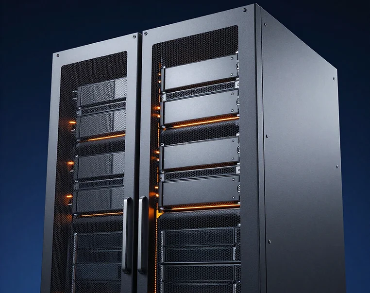 A close-up shot of a server rack with multiple storage drives installed. The server rack is black and has a mesh front panel. The storage drives are also black, and some have orange LED lights visible behind the mesh. The rack has handles on the front doors. The background is a gradient of dark blue to black.