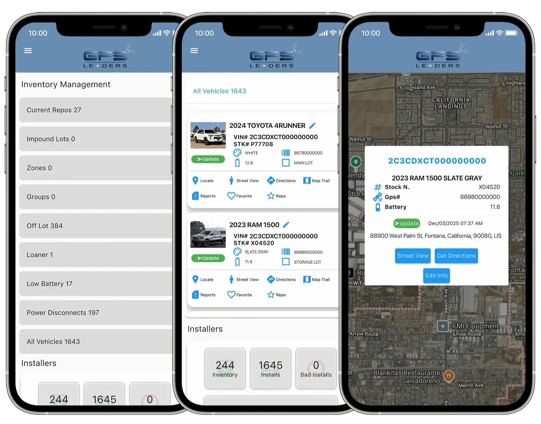 This image displays the GPS Leaders Dealer Mobile App across multiple smartphone screens, highlighting real-time inventory management and vehicle tracking functionality. The app interface shows key dealer metrics including current repossessions, impound lots, zones, low battery alerts, power disconnects, and total active vehicles. Individual vehicle detail screens provide VIN information, stock number, battery voltage, GPS serial number, and lot assignment, along with quick-access tools such as Locate, Street View, Directions, Map Trail, Reports, and Repo status. The mobile platform is designed to give automotive dealers and BHPH operators full operational control from anywhere.