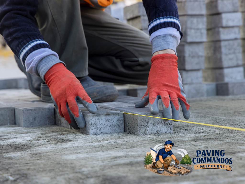 Paver installation detail showing a contractor measuring and aligning individual pavers for a precise, organized layout.