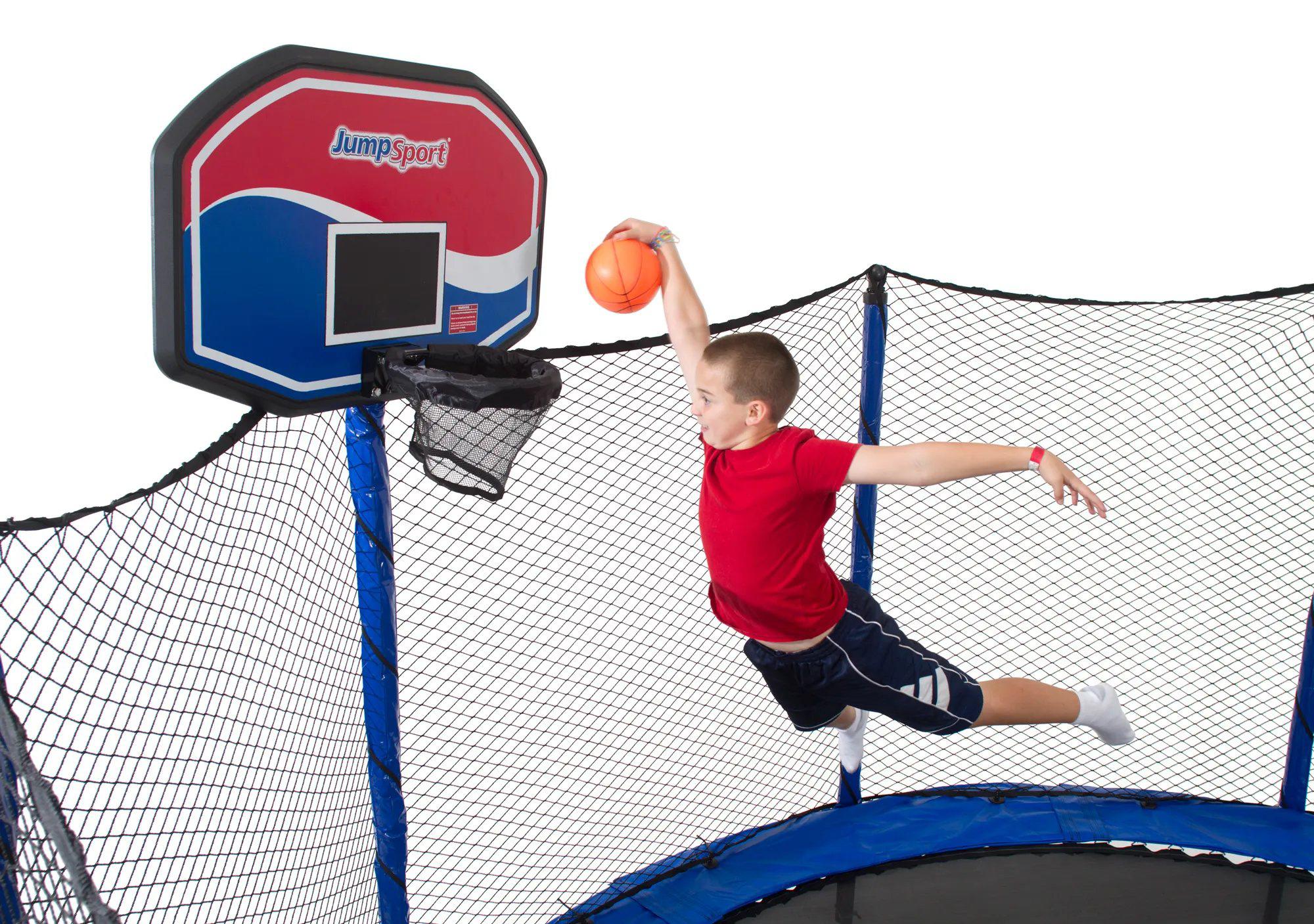 Slam dunk like a PRO with our flexible ProFlex rim!
👉Designed to fit securely on your JumpSport Trampoline Safety Net Enclosure!
👉Includes Backboard, cushioned hoop with Heavy-duty ProFlex hardware, and inflatable ball!