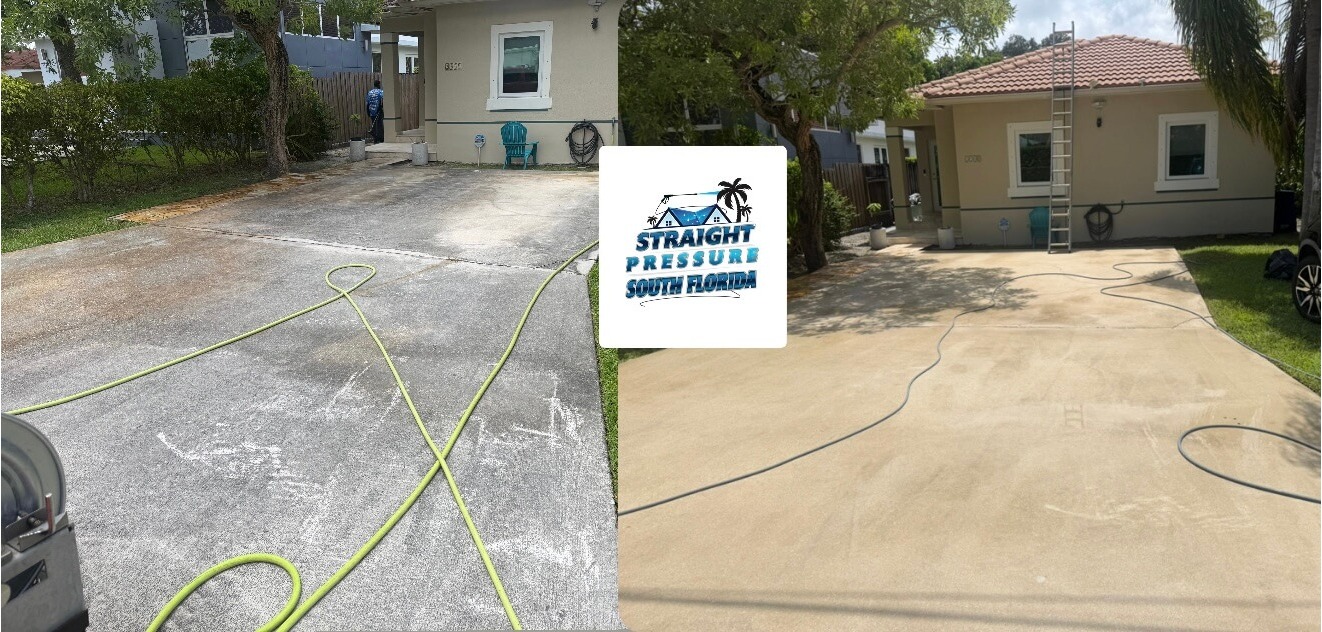 Professional driveway pressure cleaning and restoration in West Miami, FL. Before and after results by Straight Pressure South Florida for a spotless property.
