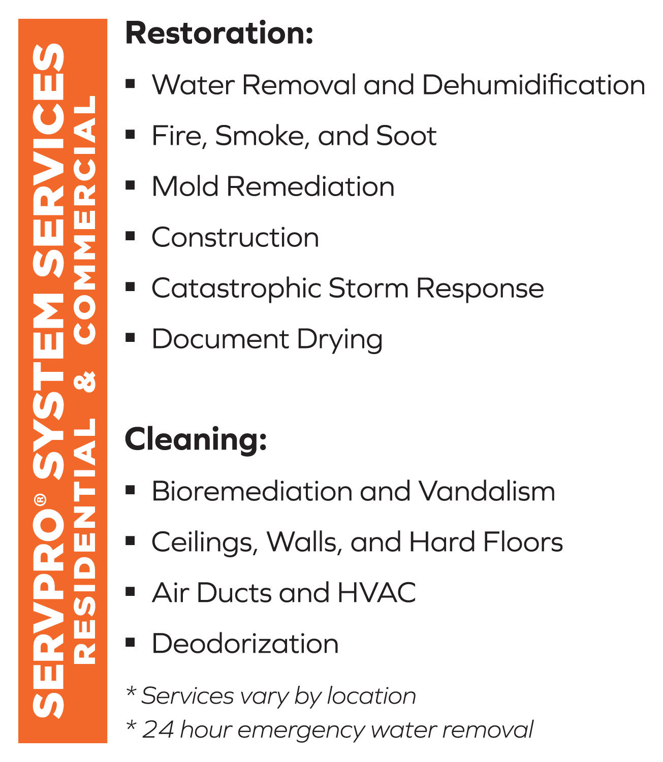 SERVPRO of Rapid City's list of services including: Water removal and dehumidification, fire, smoke, and soot mitigation, mold remediation, construction, document drying, biohazard and vandalism cleaning, ceiling, wall. and floor cleaning, air duct and HVAC cleaning