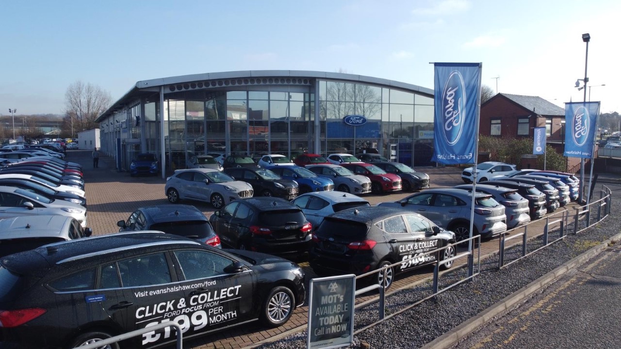 Outside the front of the Ford Bury dealership Evans Halshaw Ford Bury Bury 01617 645454