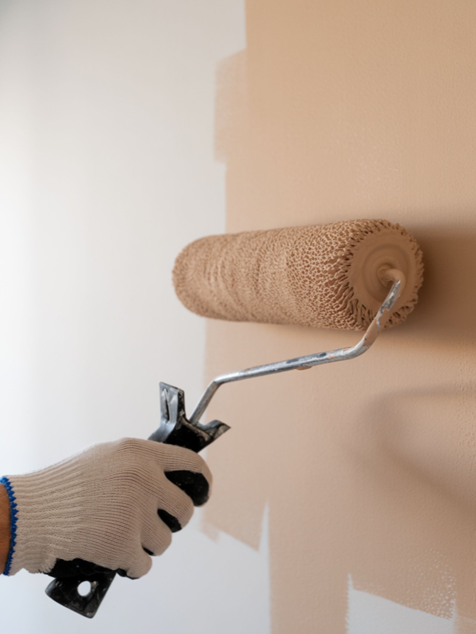 A hand wearing a white work glove with blue trim is holding a paint roller to paint a wall a light b 