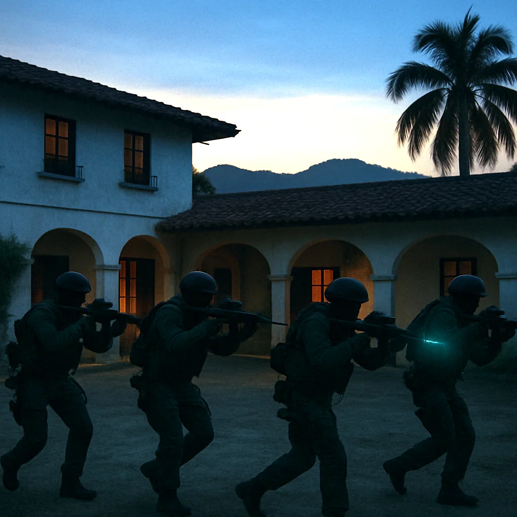 Four soldiers in tactical gear, silhouetted against a dusk sky, advance across a courtyard in front of a stucco building with arched walkways. The soldiers are armed with rifles, and one rifle emits a bright blue light, suggesting a futuristic or special operations scenario. A palm tree is visible in the background, and mountains can be seen on the horizon.