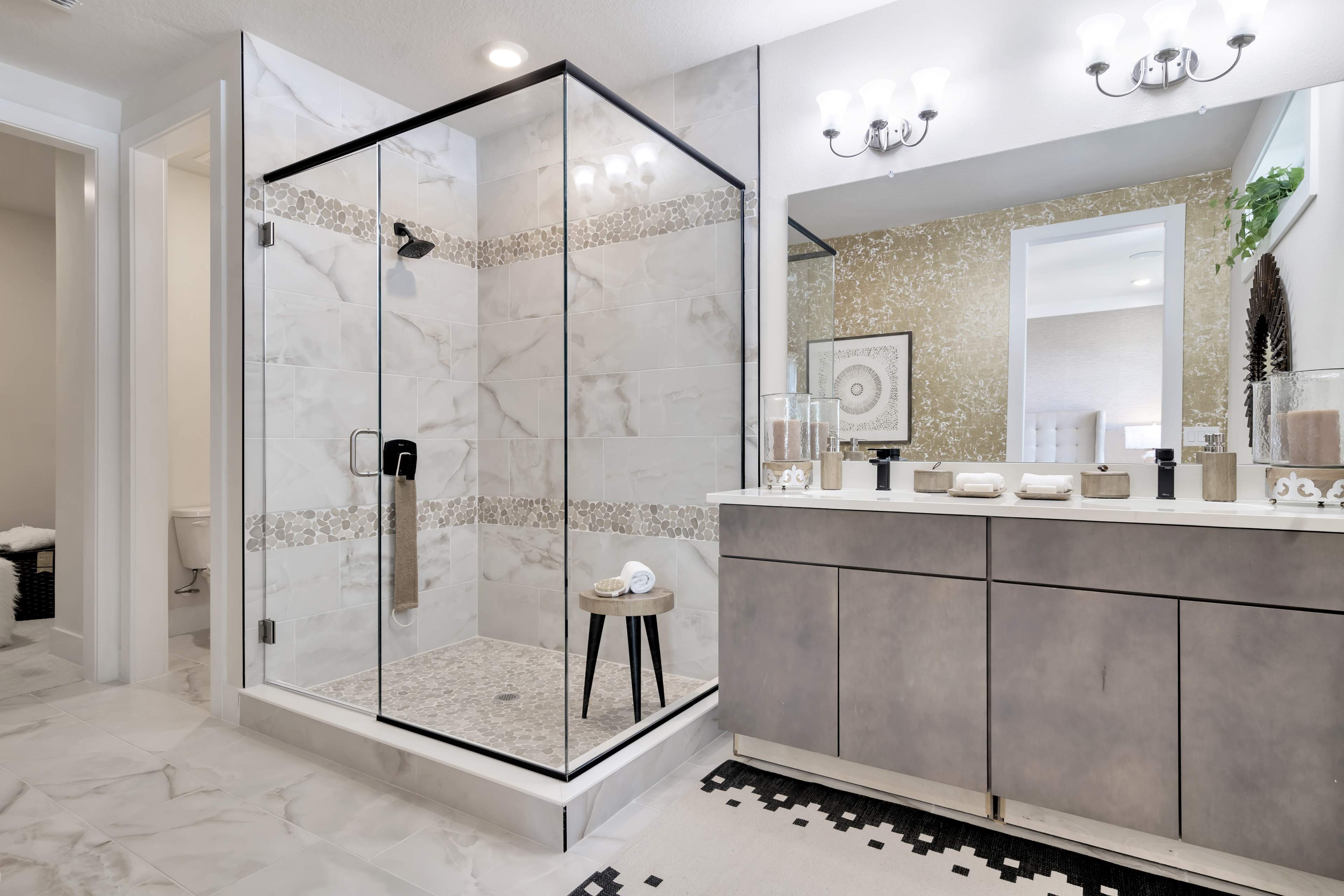 The Primary Bathroom of a DRB Homes Abaco Model at Lagoon Residences at Epperson in Wesley Chapel, FL.