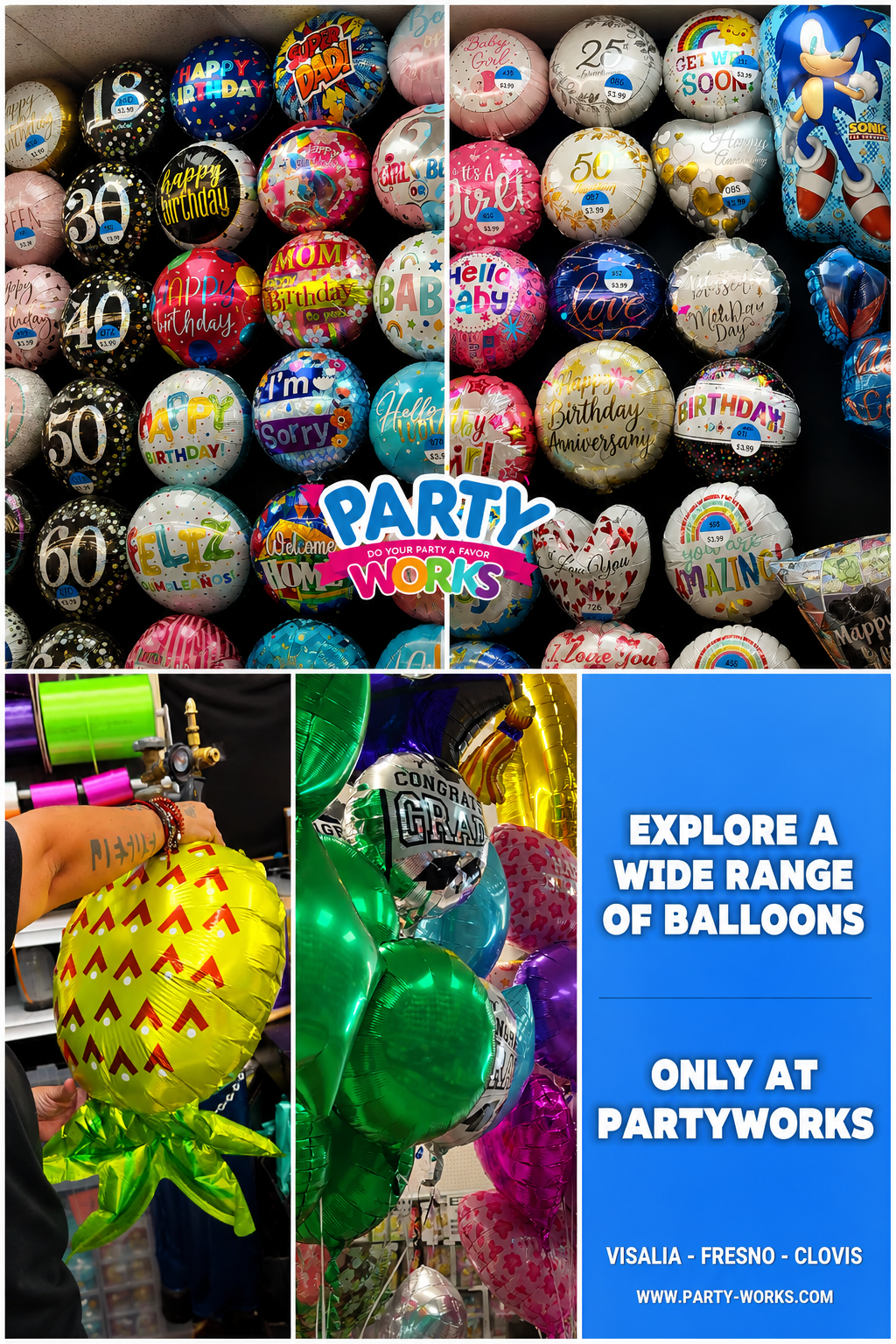 Explore a wide selection of custom foil balloons and celebration d&eacute;cor at PartyWorks. From birthdays and graduations to baby showers and special events, we offer colorful balloon designs and party supplies for every occasion.