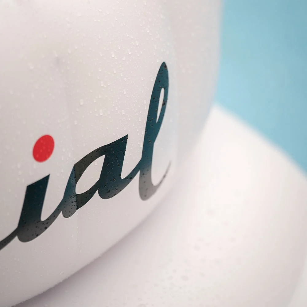 Detail of the printed Imperial script on the pool float, including the red dot over the i.