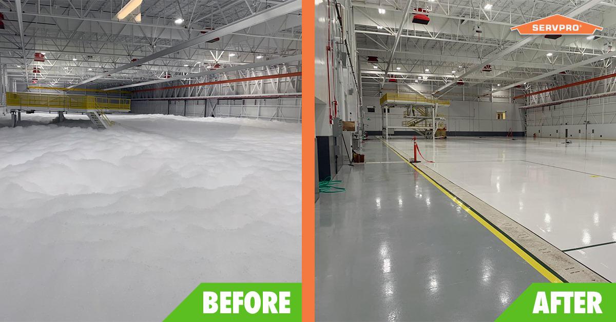 This 75,000 sq. ft. maintenance hanger had foam standing over 20 ft. high from a state-of-the-art foam fire extinguishing system that was set off in error. We've cleaned several unique commercial and residential cleanings over the years and this one ranks among one of the best.