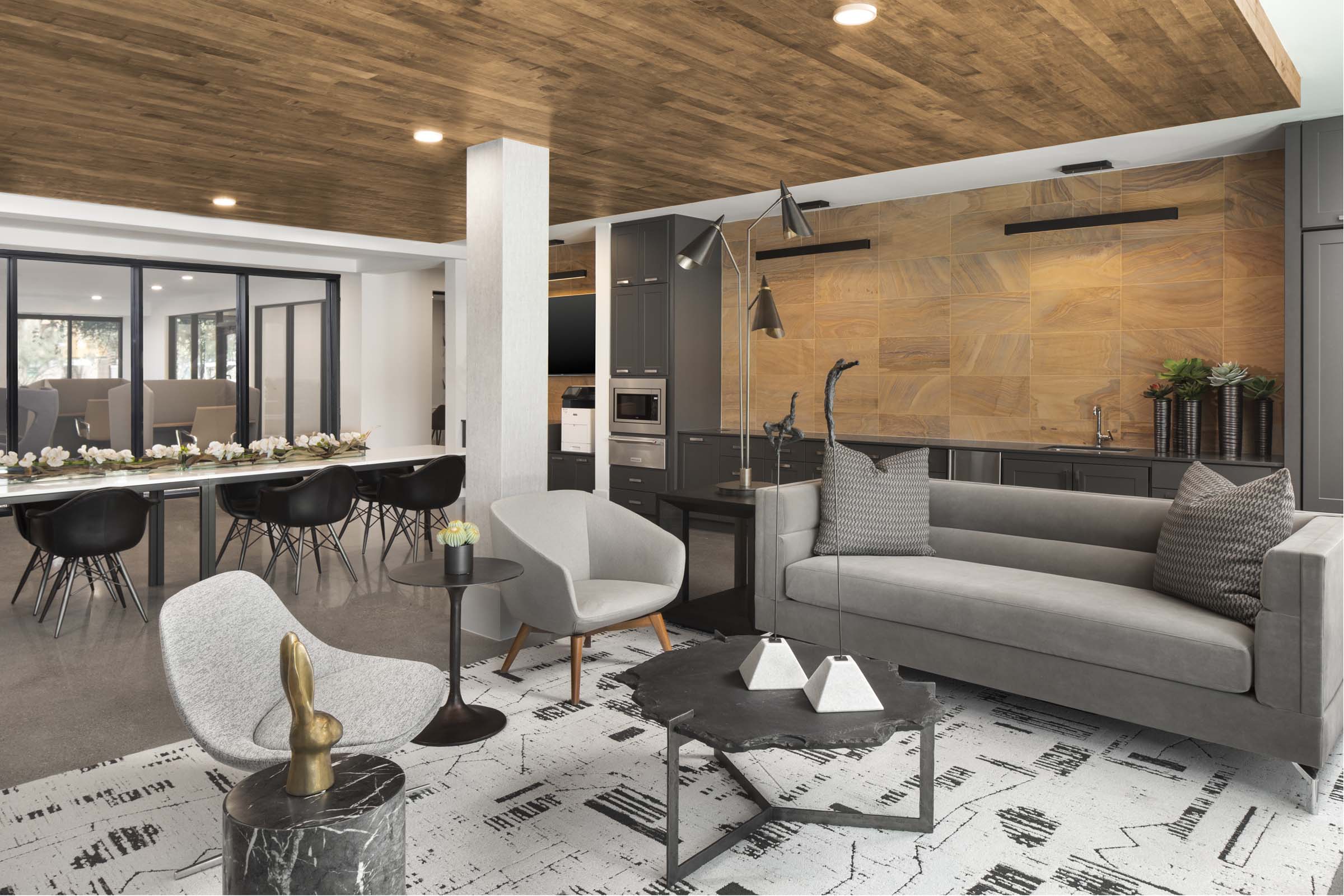 Resident lounge seating area near kitchenette
