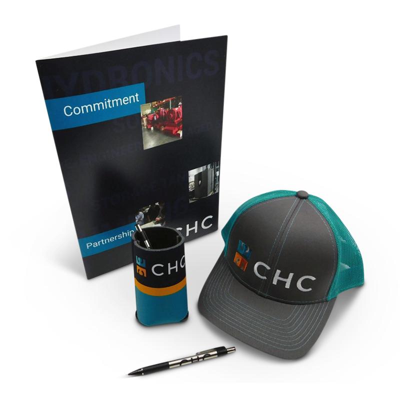 Trade show kit for CHC Hydronics. Branded merch by PLC Print.