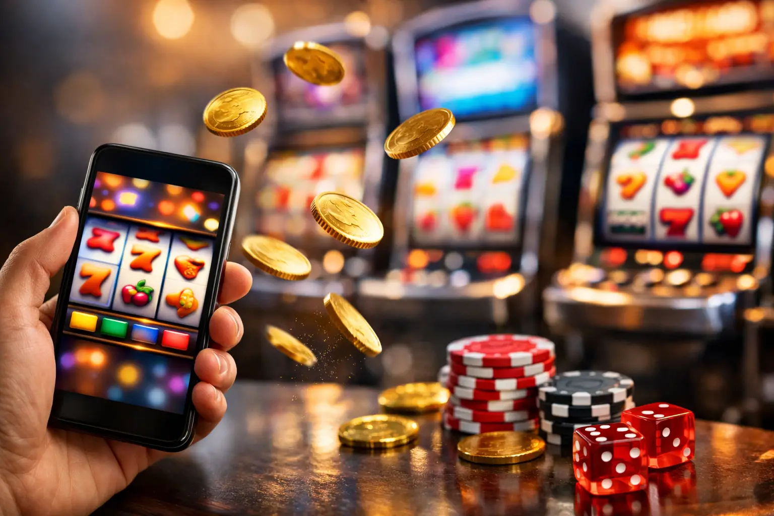 A hand holds a smartphone displaying a slot machine game, with several gold coins and casino chips scattered on a table in front of blurred slot machines. Two red dice are also visible on the table, suggesting a casino or gambling environment.