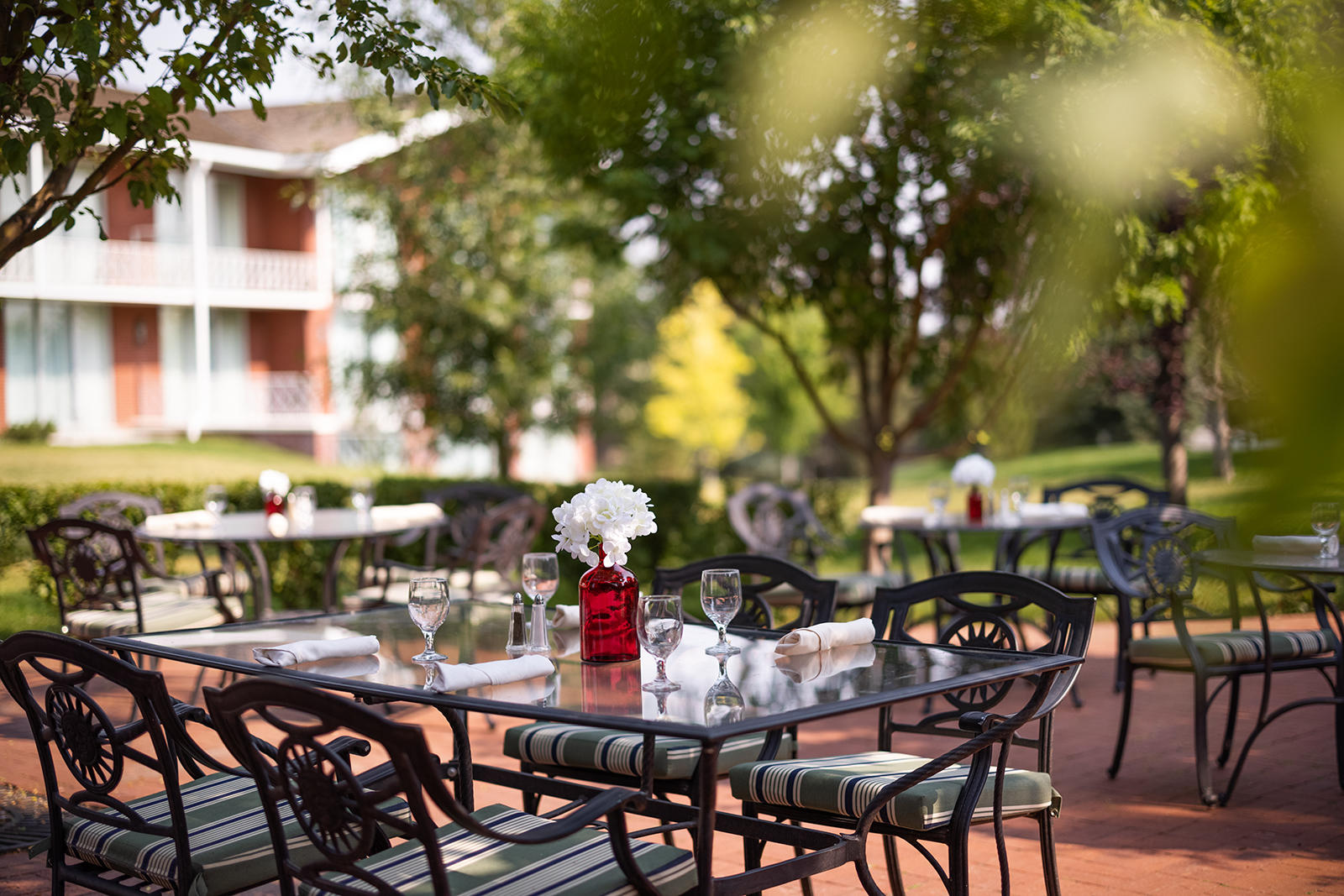 Outdoor patio seating at Hathaway's Restaurant.