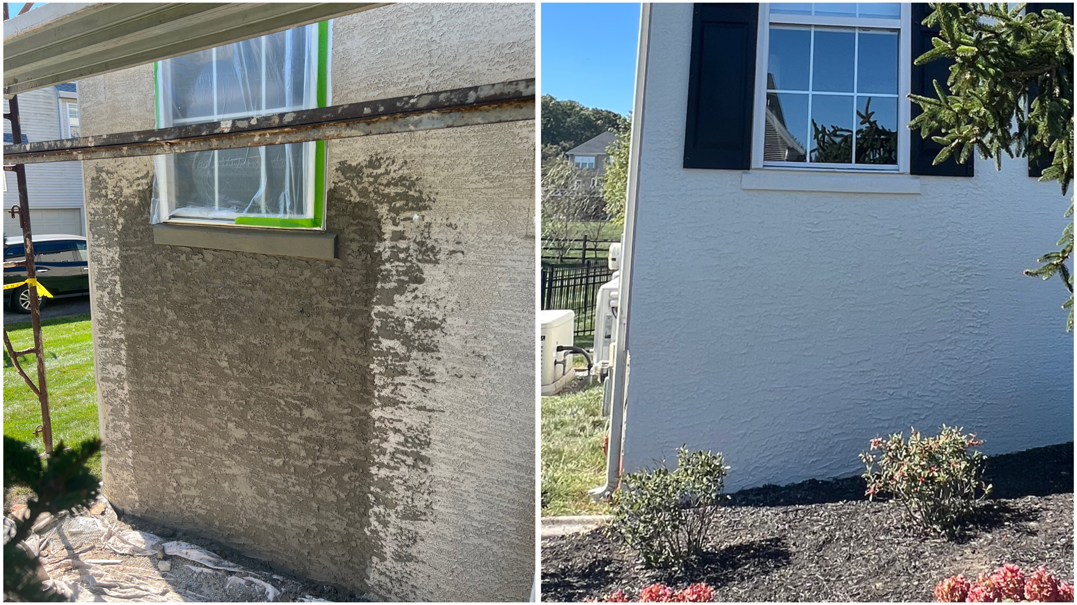 Before-and-after residential stucco repair completed by LePore Stucco Services on a home exterior. This project involved repairing deteriorated stucco, correcting surface damage, and applying a smooth, weather-resistant finish for long-term protection. LePore Stucco Services provides professional stucco repair and exterior restoration services throughout Avondale, PA, Chester County, and nearby areas of Pennsylvania and Delaware.