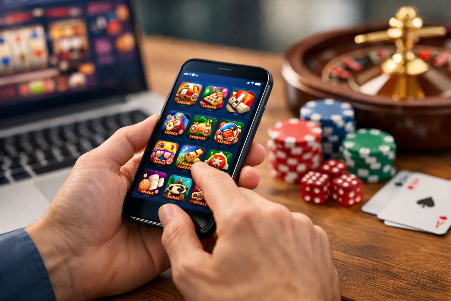 A person's hands hold a smartphone displaying a grid of colorful app icons, likely for casino or slot games. In the background, a laptop screen shows a blurred game interface, a roulette wheel, stacks of casino chips in red, green, and blue, red dice, and playing cards (Ace of Spades and Ace of Hearts). The scene is set on a wooden surface, suggesting a gaming environment.