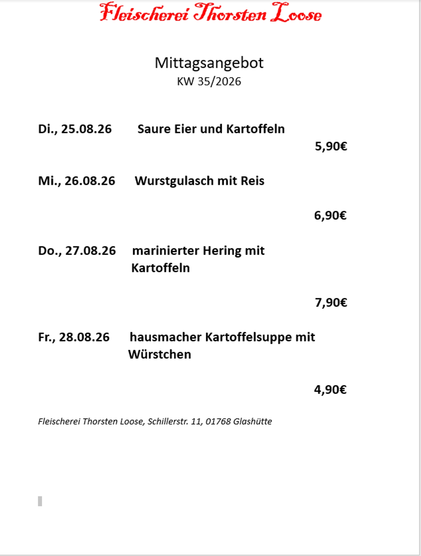Fleischerei Thorsten Loose, Schillerstr. 11 in Glashütte