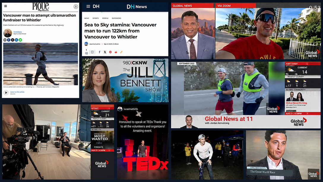 Collage of all the media coverage on Collin's charity work and running milestones.