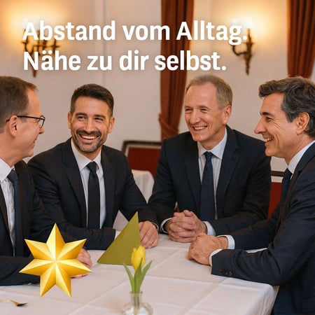 Vier lachende Männer, Treffen der Dodona Loge beim vertrauensvollen Austausch.