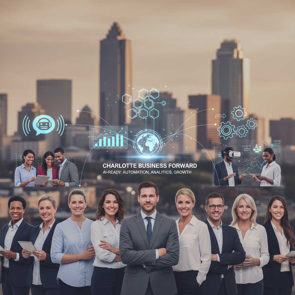 A diverse group of professionals are showcased in front of a city skyline, with futuristic AI-themed graphics overlaid on the image. The text "CHARLOTTE BUSINESS FORWARD AI-READY: AUTOMATION, ANALYTICS, GROWTH" is prominently displayed, suggesting a focus on business technology and development in Charlotte.