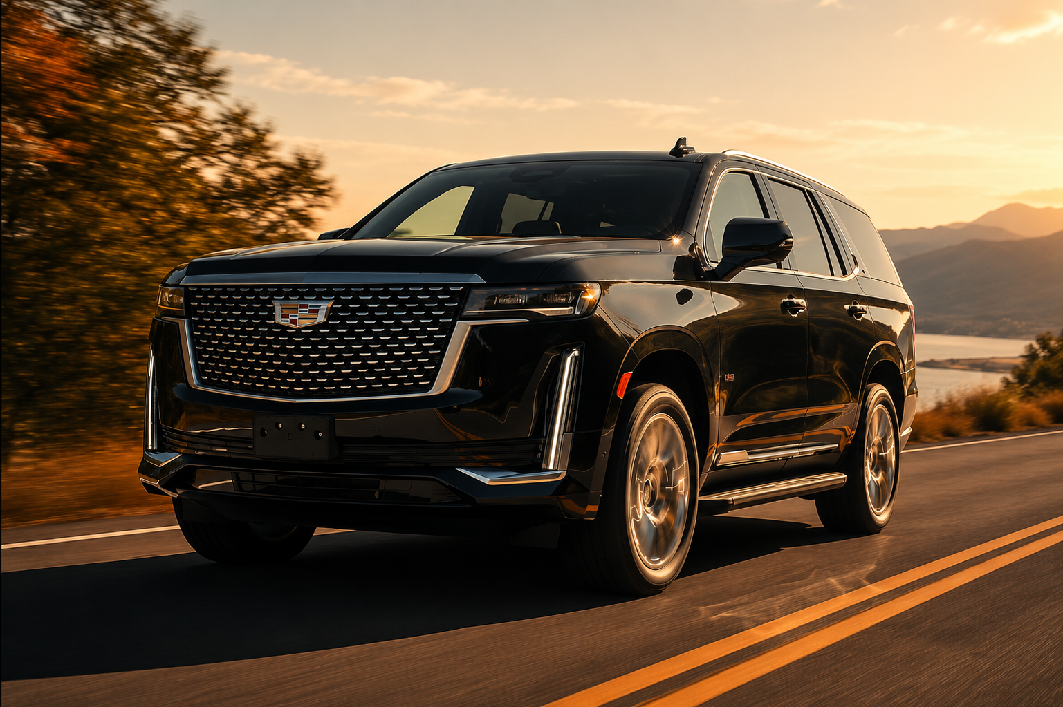 Black Cadillac Escalade driving on a scenic road, representing MP Limousine's luxury chauffeur, executive transportation, and airport transfer services in Dallas.