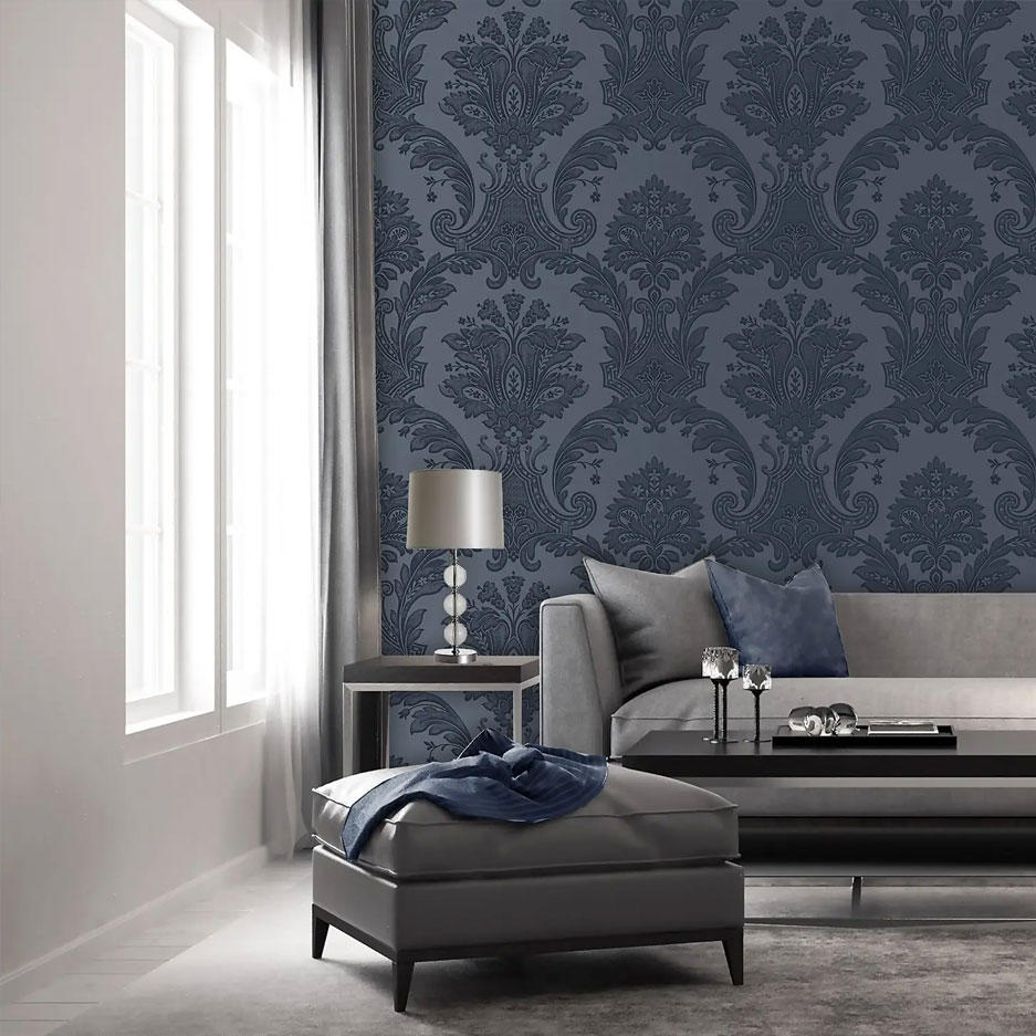 A damask wallpaper in a living room