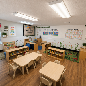 Bright and colorful preschool classroom at Childcare Network with age-appropriate learning materials