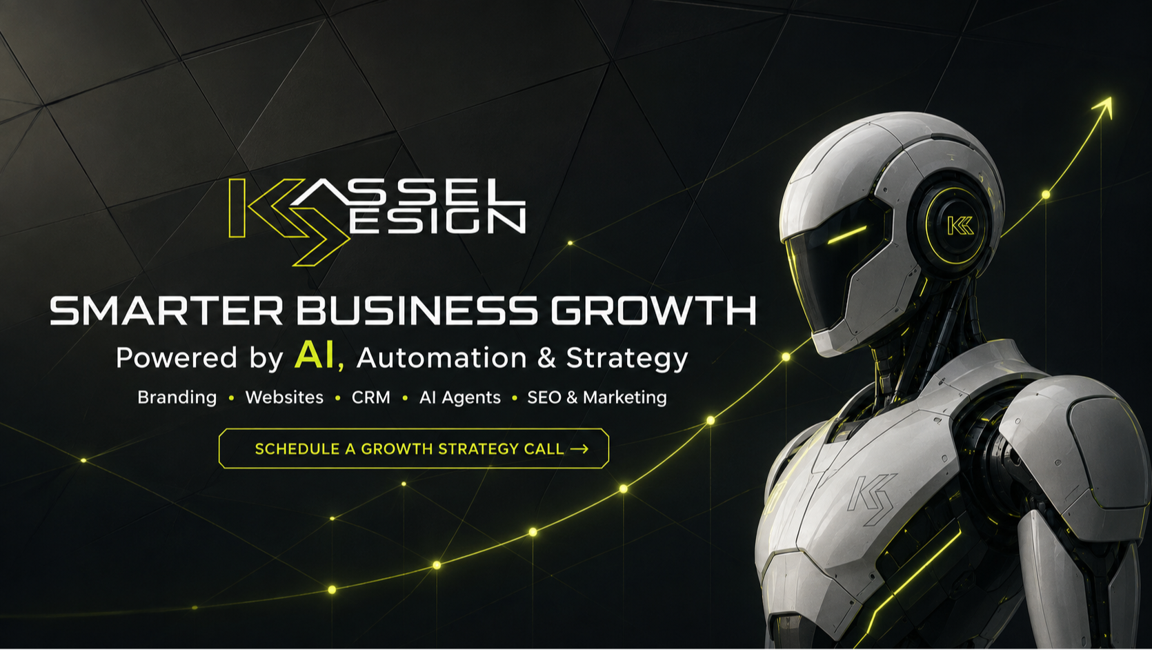 A futuristic Kassel Design promotional graphic featuring a sleek white AI robot against a dark geome 
