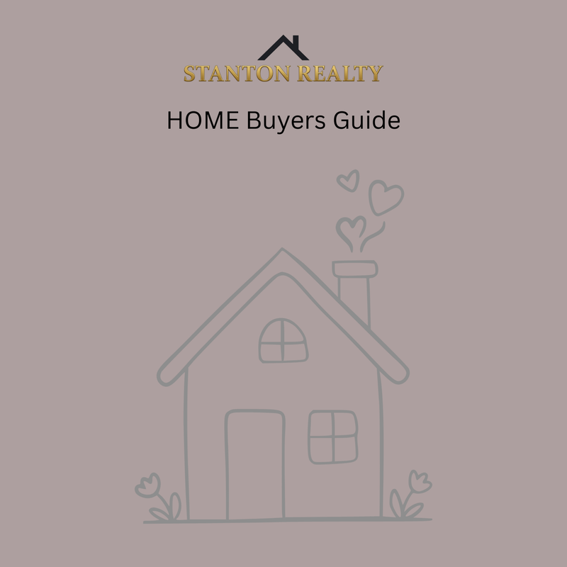 A digital graphic features a stylized house drawing with smoke forming hearts above the chimney, and a title that reads "HOME Buyers Guide" above the "STANTON REALTY" logo. The background is a muted mauve color.