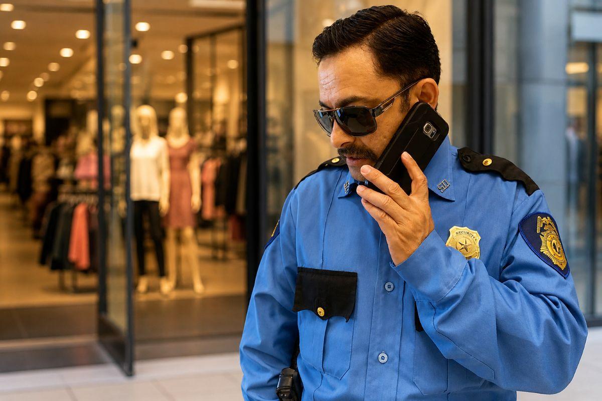 Uniformed ANZ Security guard speaking on a phone while monitoring a Houston property during patrol s 