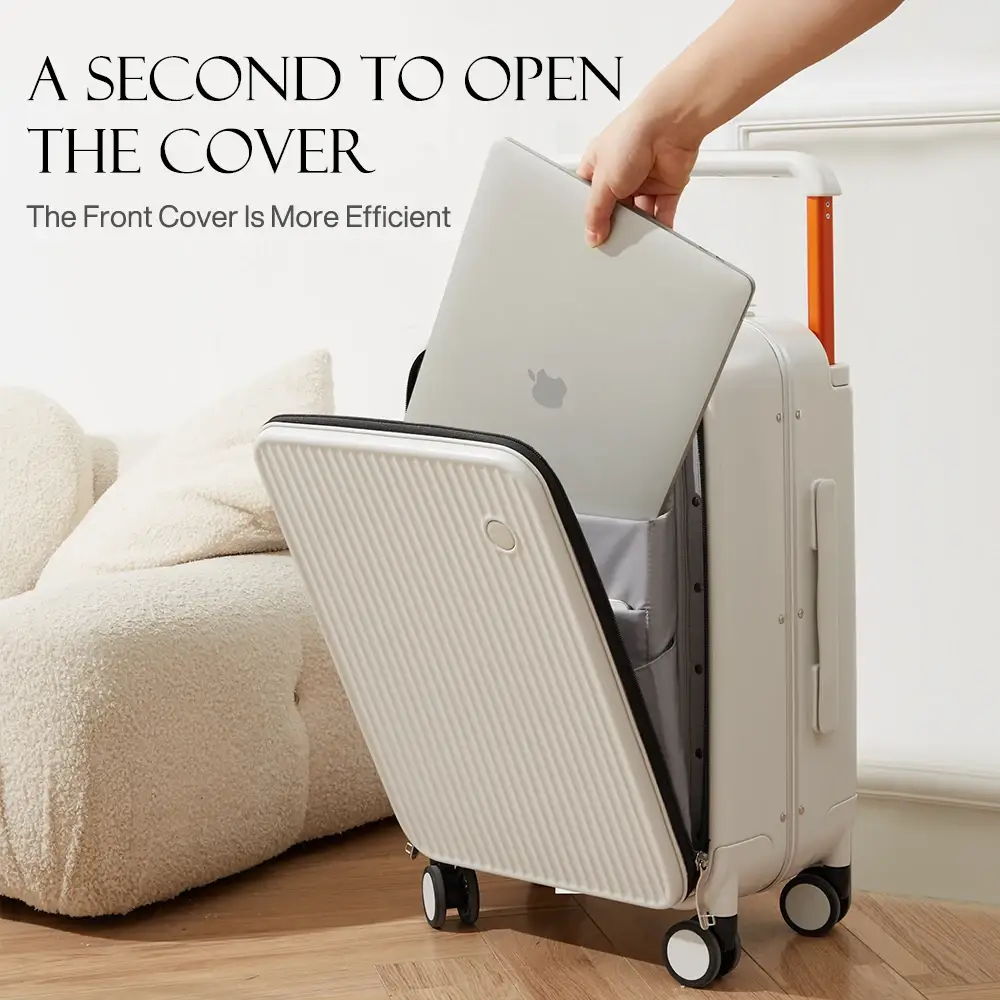 A light-colored suitcase is shown with its front open, revealing a laptop being placed inside. The suitcase has a ribbed texture on its front panel and black wheels. A hand is holding the laptop, which has an Apple logo on it. The background includes a plush, cream-colored sofa and wooden flooring, suggesting a modern living space. Text overlaid on the image reads: 'A SECOND TO OPEN THE COVER' and 'The Front Cover Is More Efficient'.