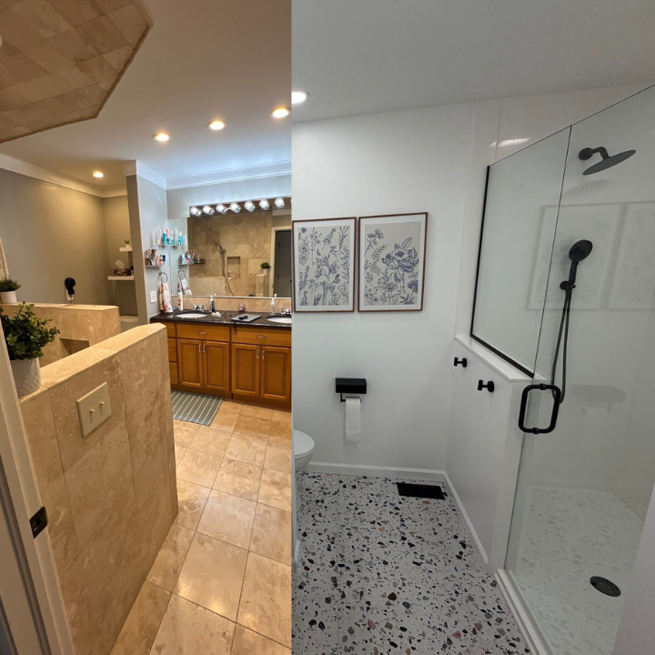 Fee Construction LLC completely reimagined this master bathroom in Evansville, IN — replacing outdated tile and oak vanity with a clean, modern design featuring a walk-in glass shower, terrazzo flooring, black fixtures, and fresh botanical wall art. Fee Construction offers full bathroom renovations throughout Evansville and the tri-state area. Call (812) 626-1013 or get a quote at feeconstruction.com.
