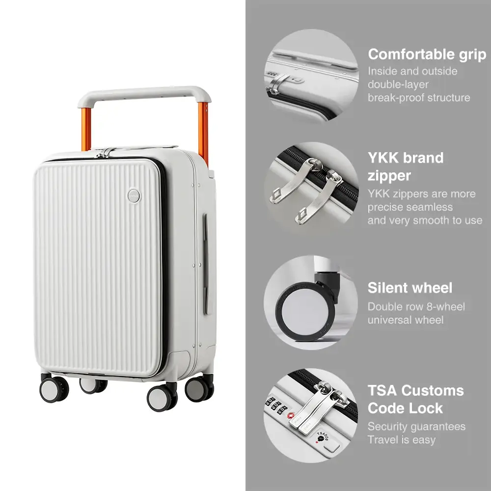 A white rolling suitcase with orange accents is shown from the front and side. The suitcase is made of a ribbed material and has four wheels, a retractable handle, and a TSA-approved lock. To the right of the suitcase, there are four circular inset images highlighting specific features: the suitcase's structure, a YKK brand zipper, a silent wheel, and the TSA customs code lock. Text descriptions accompany each inset image, detailing the benefits and specifications of each component.